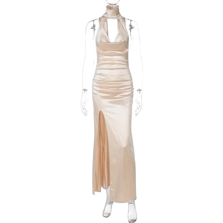 Open Back Satin Maxi Dress with Slit and Matching Scarf Decoration - Felicia
