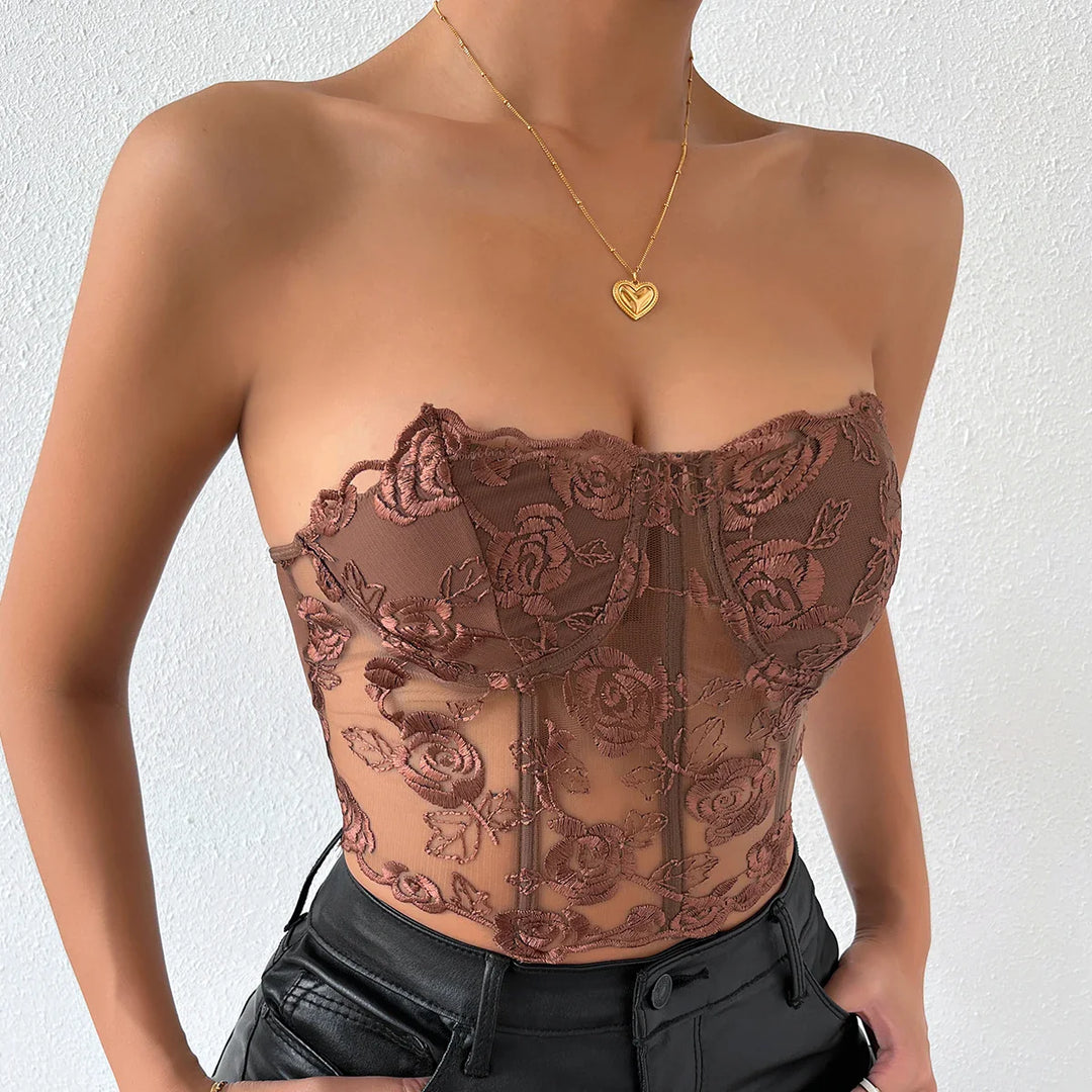 Strapless Mesh Top with Floral Embroidery - Noya Lee