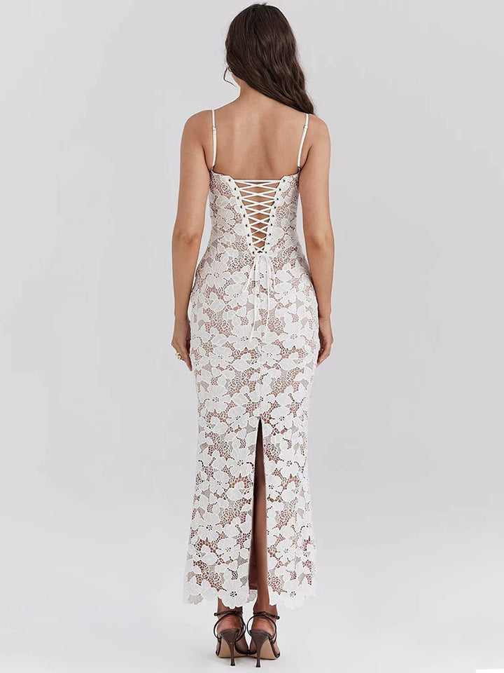 Lace Maxi Dress with Floral Embroidery and Back Ties - Veronica