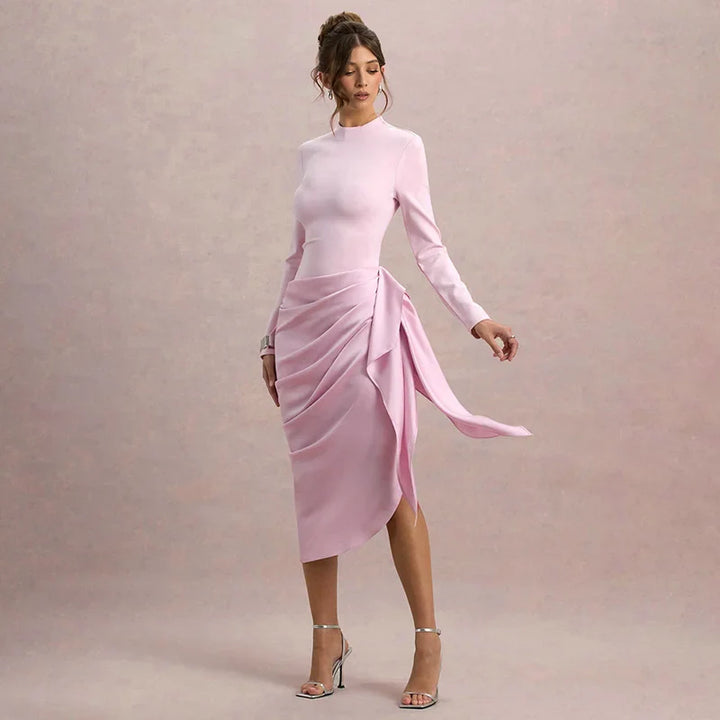 Midi Dress with Satin Design and Asymmetric Length - NIRA