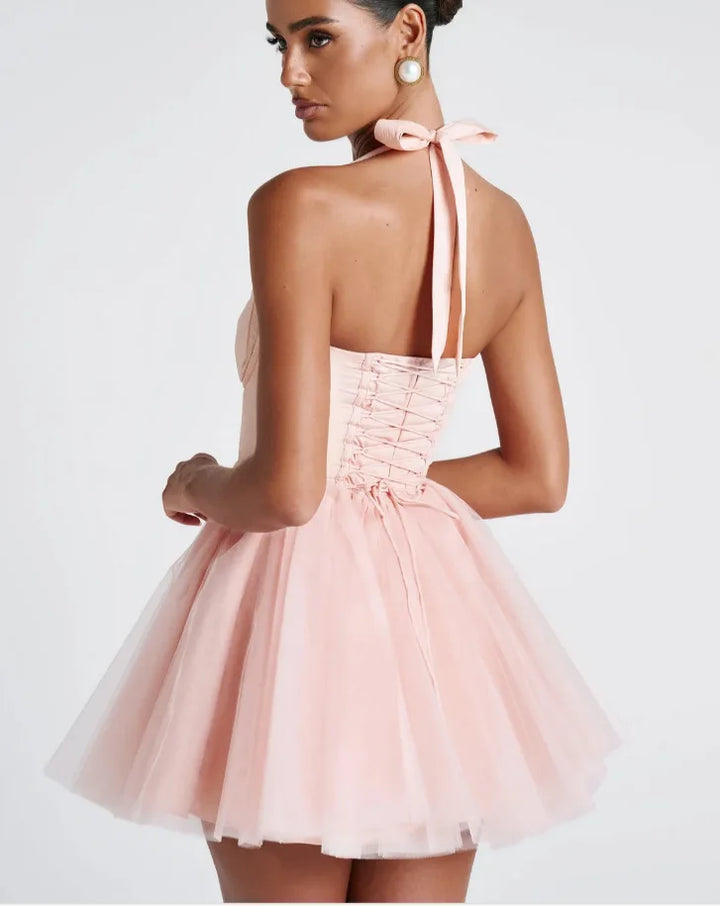 Ballerina mini dress in A-line cut with corset and tulle open back design - Mimi