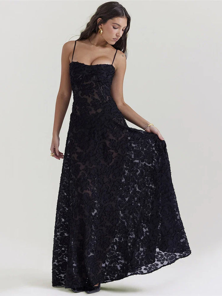 Maxi Dress with Floral Embroidery, Back Tie for Waist Fit - Millie