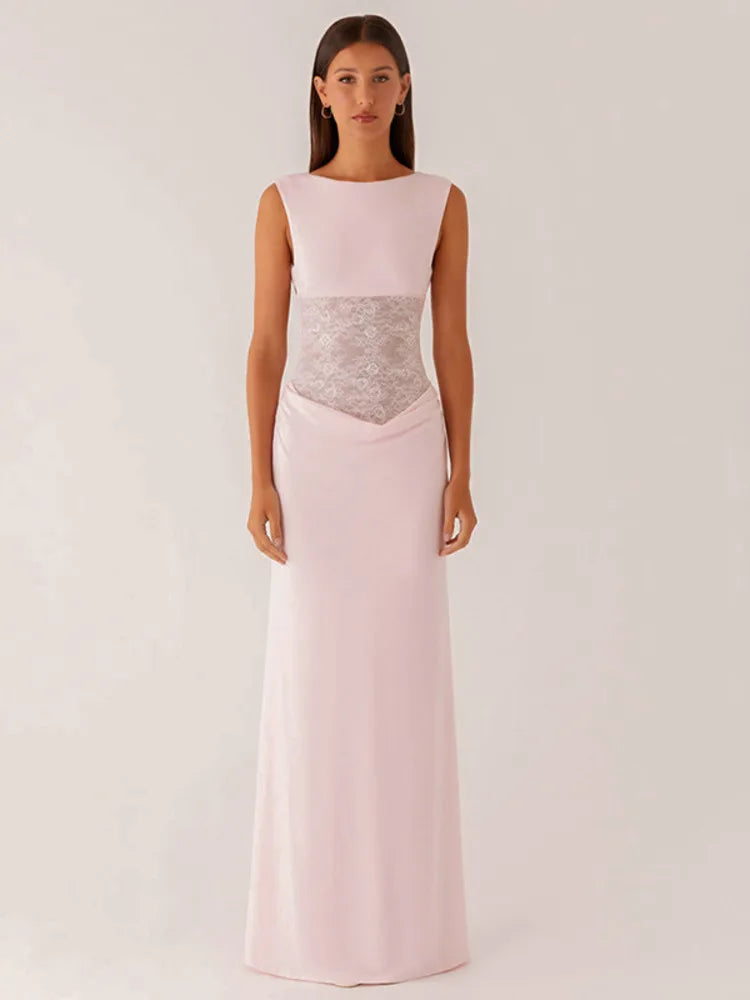Maxi Dress with Lace and Pleats, Open Back - Lilin