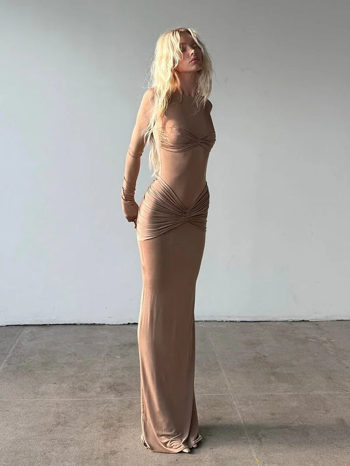 Fitted maxi dress with ruching design in shiny fabric - Ori