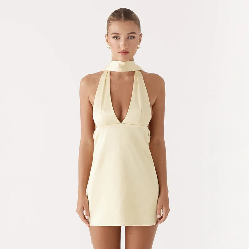Satin mini dress with V neckline decorated with matching scarf - Karina