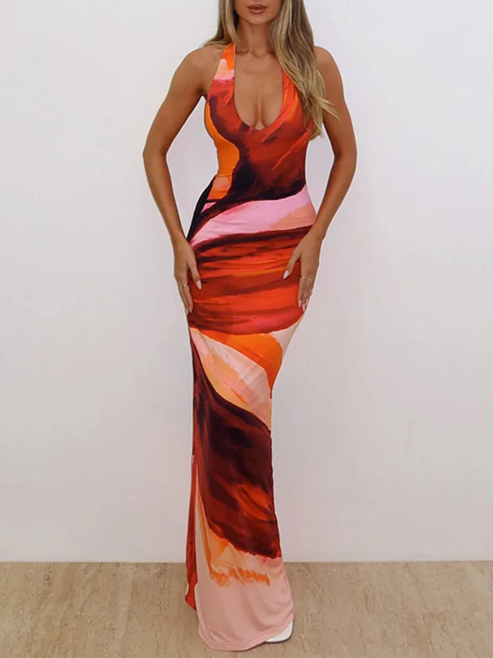Maxi Dress with Colorful Print, Neck Tie, and Open Back - Chulia