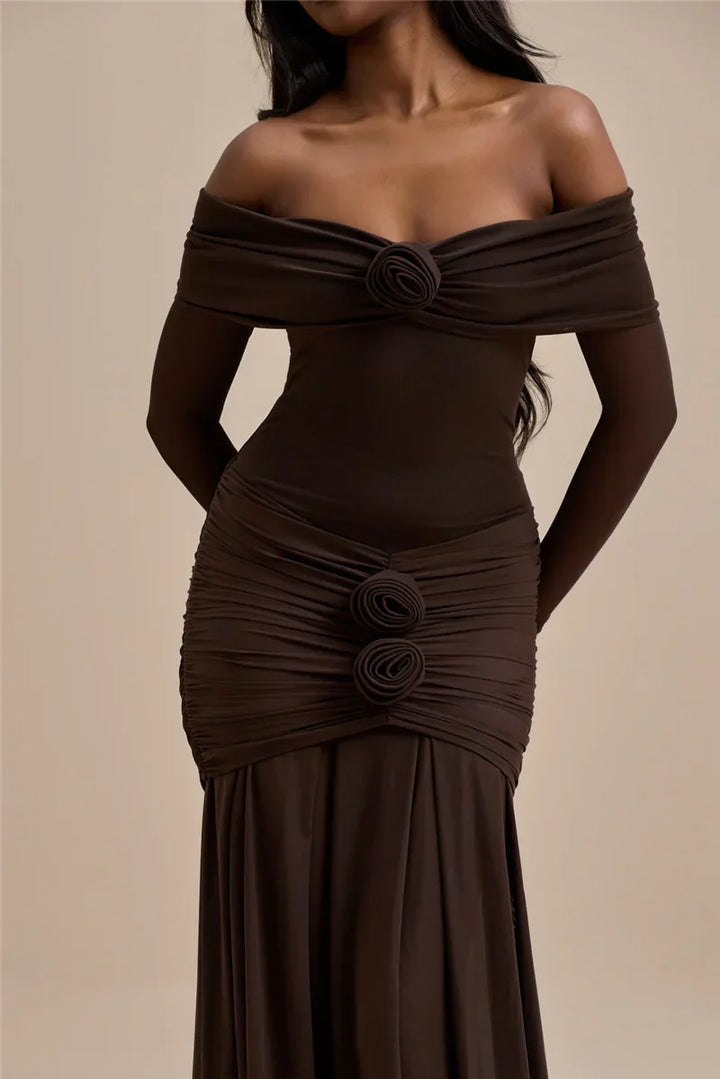 Off-shoulder maxi dress with ruching and floral appliqué decoration - Angelica