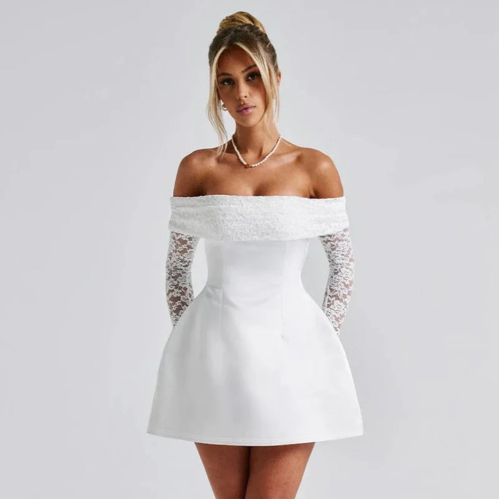 Satin mini dress with off-shoulder and lace sleeves - AMALIA