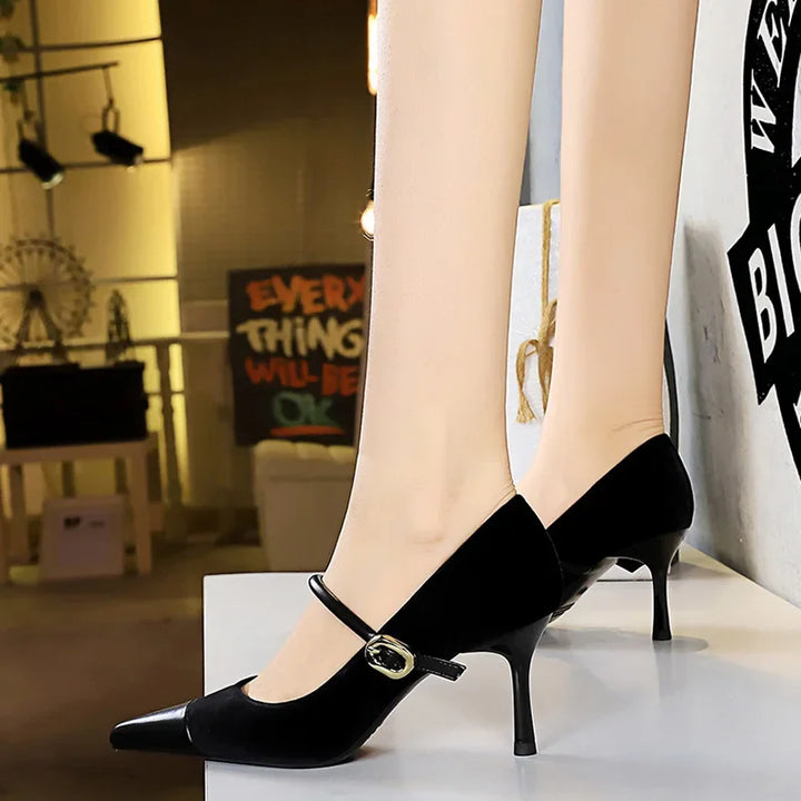 Pointed Heel Shoes with Velvet and Faux Leather Buckle Decoration - Mabel