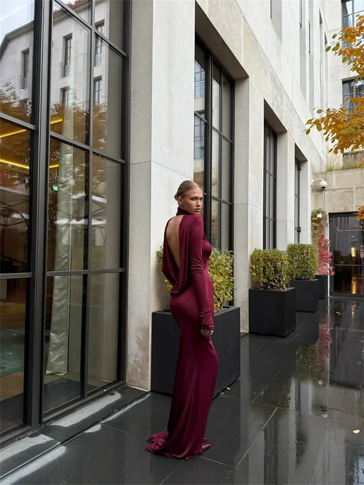 Elegant maxi dress with collar and open back - LARIAN
