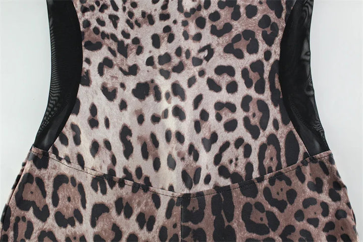 Fitted Leopard Print Jumpsuit with Mesh Side Waist Design - Alexis