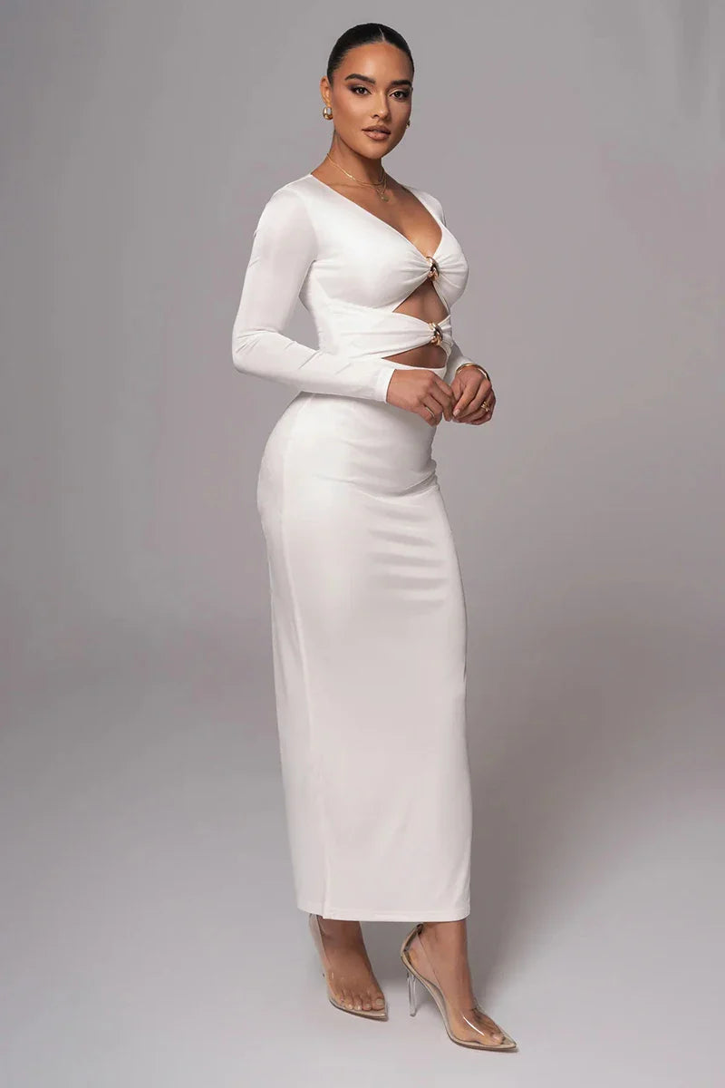 Fitted Shaping Fabric Maxi Dress with Cutouts and Buckles - Lauren
