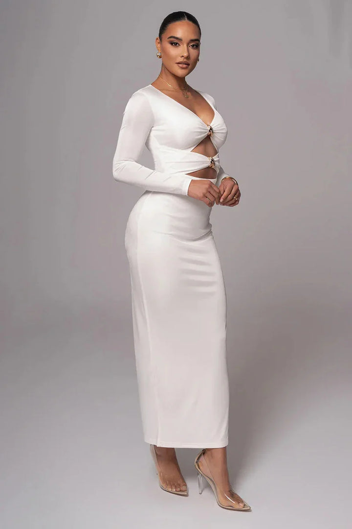 Fitted Shaping Fabric Maxi Dress with Cutouts and Buckles - Lauren