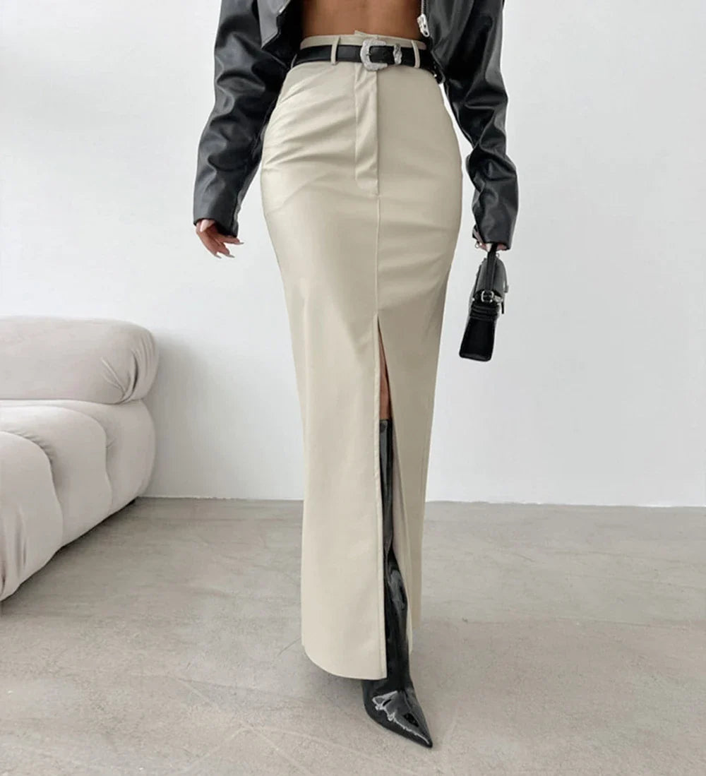 Maxi faux leather skirt with slit design - MAGEN