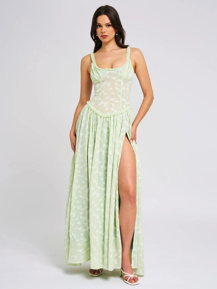 Chiffon Maxi Dress with Floral Embroidery, A-Line Cut, and Slit Design - Alejandra