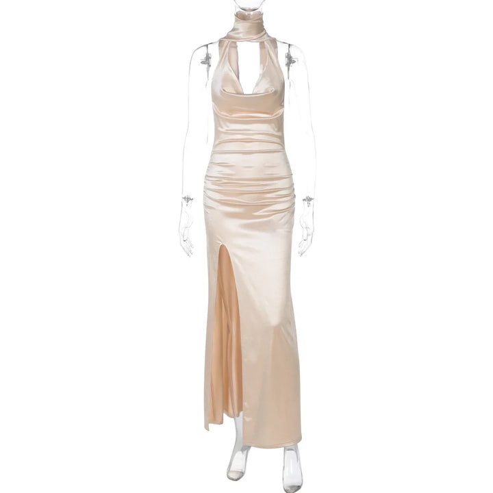 Open Back Satin Maxi Dress with Slit and Matching Scarf Decoration - Felicia