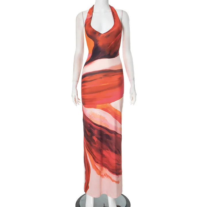 Maxi Dress with Colorful Print, Neck Tie, and Open Back - Chulia