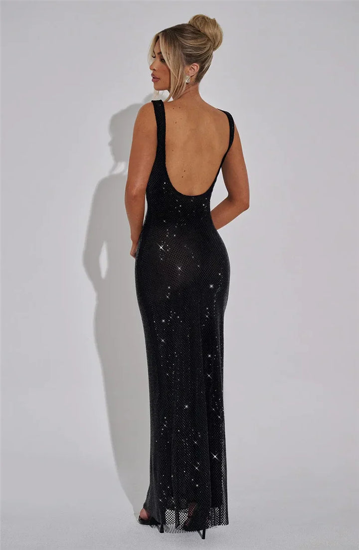 Mesh Maxi Dress with Sparkling Sequin Embellishment and Layered Skirt - Isla