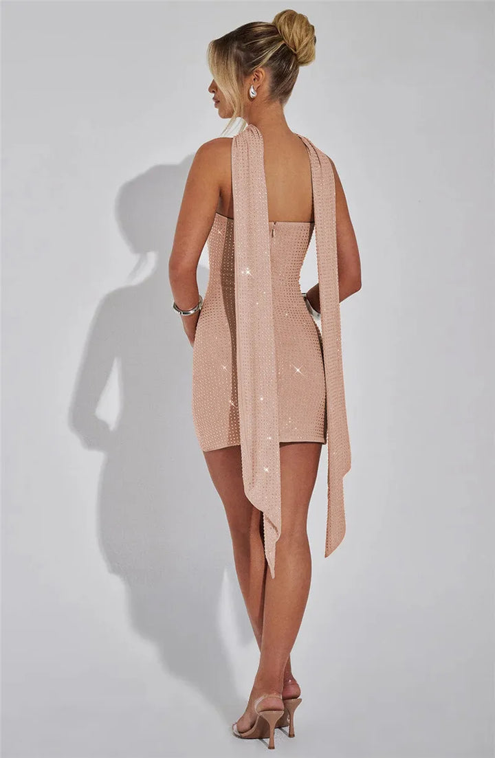 Strapless Mini Dress with Glitter Sequins and Matching Scarf Detail - Katlia