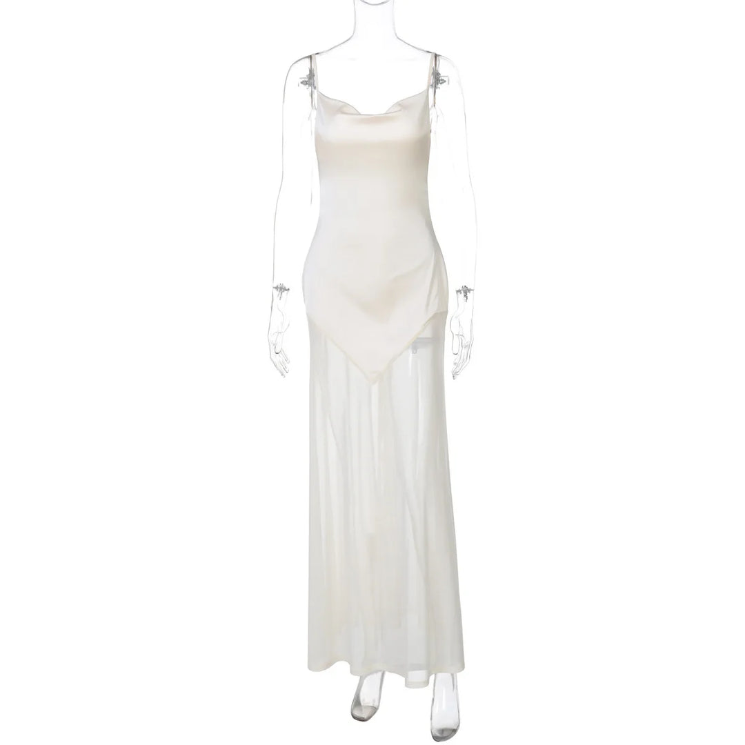 Maxi Satin Dress with Chiffon Detail and Open Back - Gracie