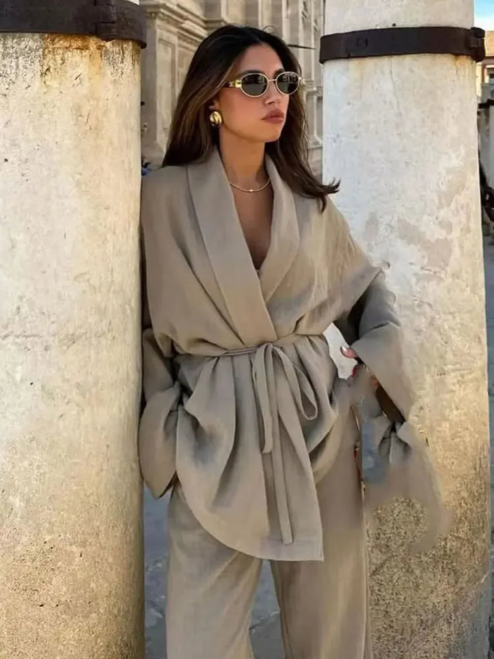 Two-Piece Linen Suit with Tie Shirt and Long Pants - Ava