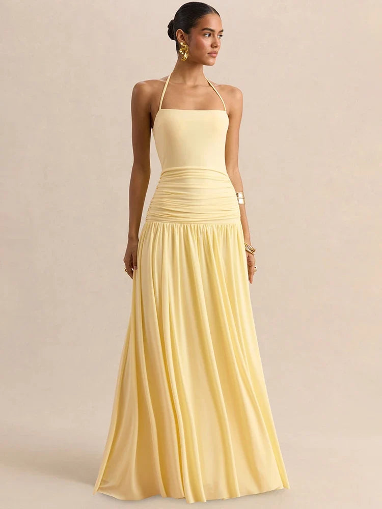 Pleated maxi dress with a neck tie and open back - Tuval