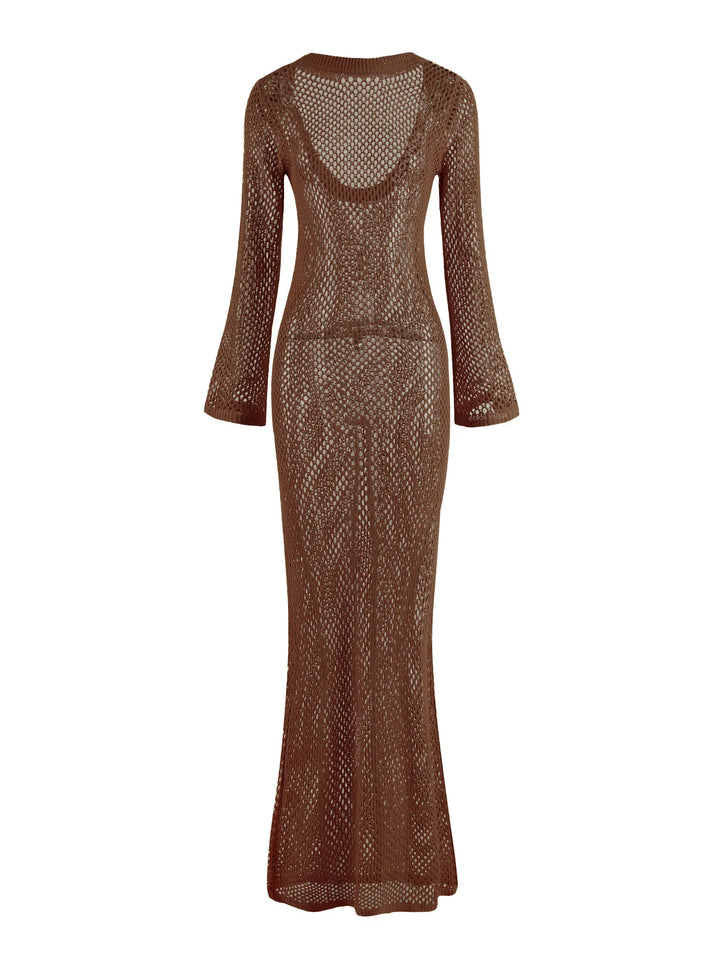 Mesh Maxi Beach Dress with Open Chest/Back - Amber