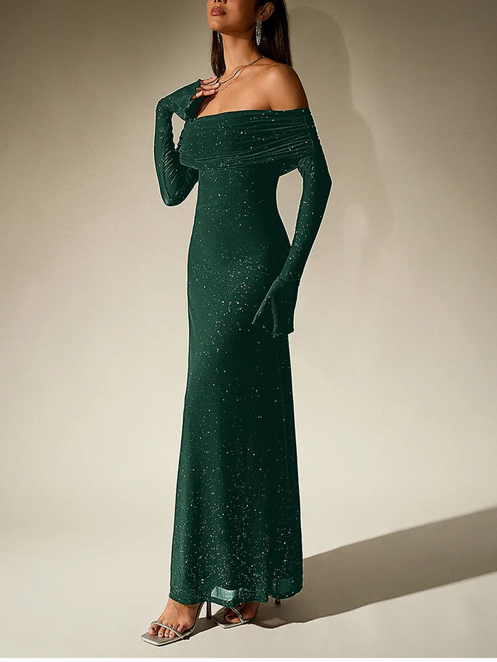 Sequin maxi dress with off-shoulder design and bell sleeves - Margarita
