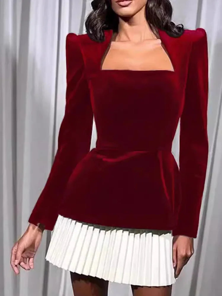 Velvet Mini Dress with Pleated Skirt Design - Ophelia