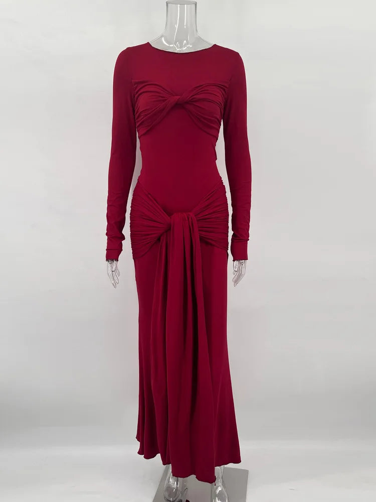 Modest Maxi Dress with Ruching and Tie Detail - Nahev