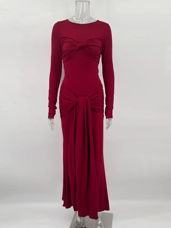 Modest Maxi Dress with Ruching and Tie Detail - Nahev