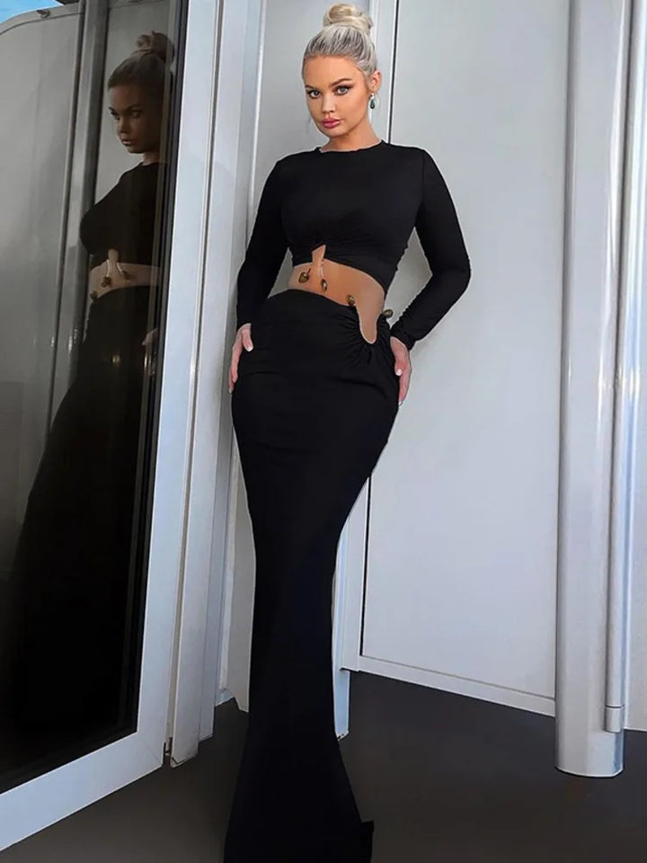 Two-piece set with top and maxi skirt with buckle design - Jessica