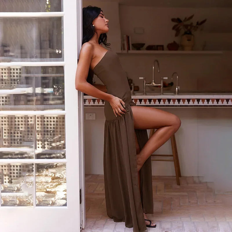 Maxi Strapless Chiffon Dress with Slit Detail - Pia
