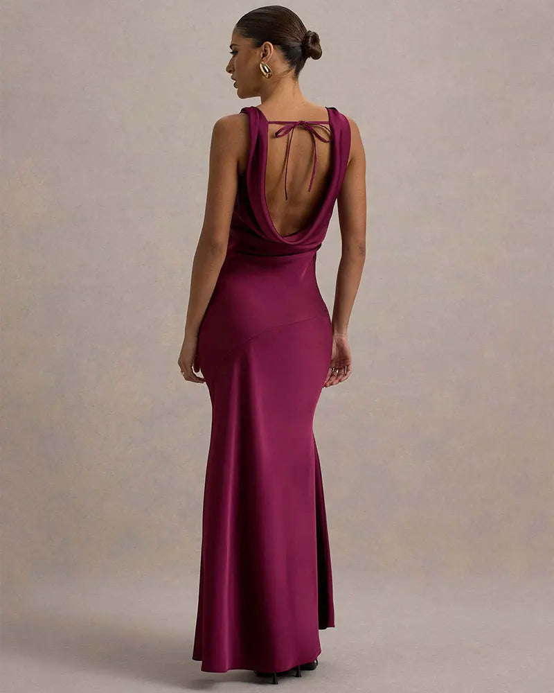 Maxi satin dress with draped collar and open back - Alexis