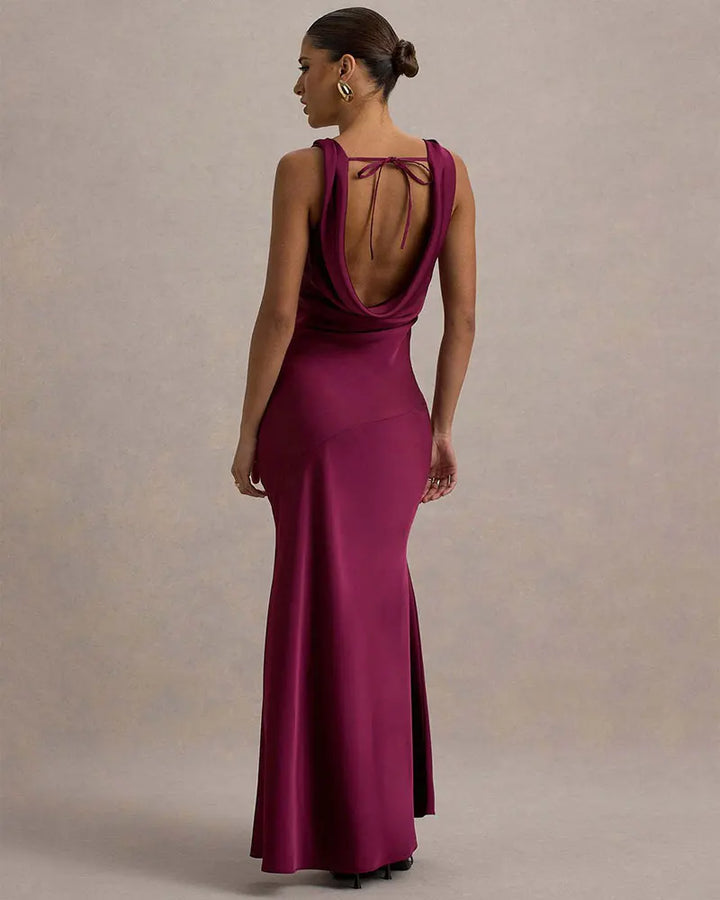 Maxi satin dress with draped collar and open back - Alexis