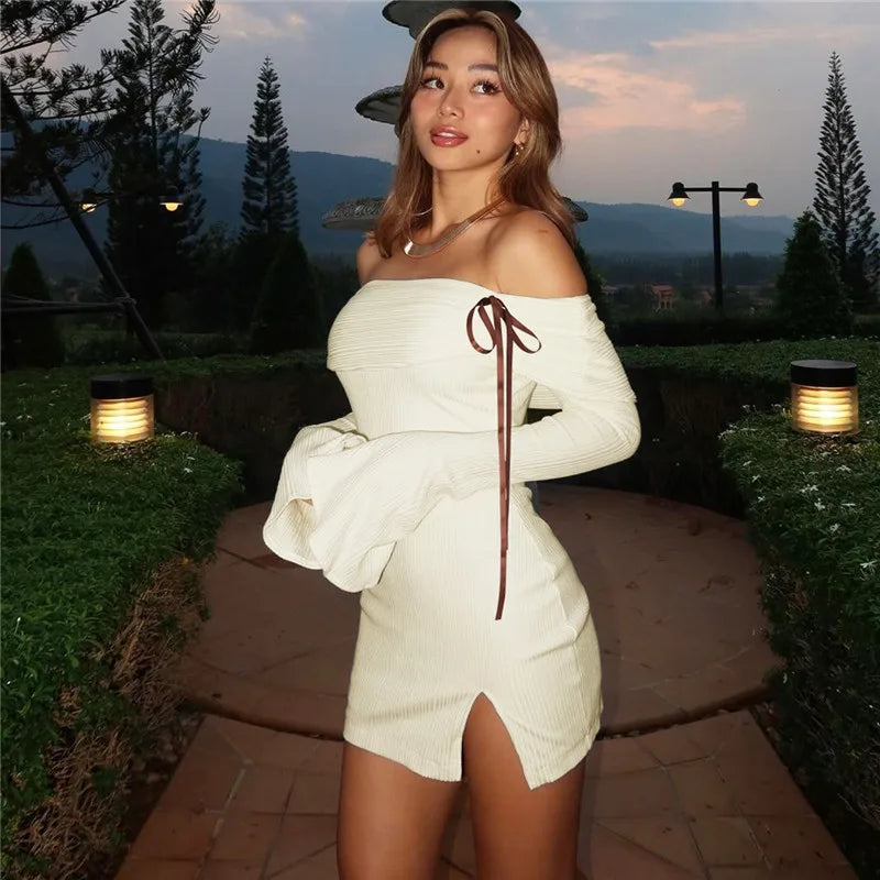 Knitted mini dress with off-shoulder and bow ribbon decoration - Yanga
