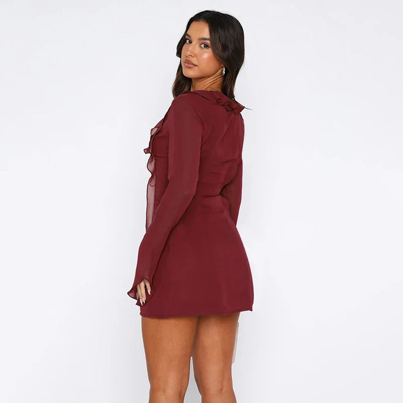 Mini Dress with Ruffle and Bell Chiffon Sleeves - Felis