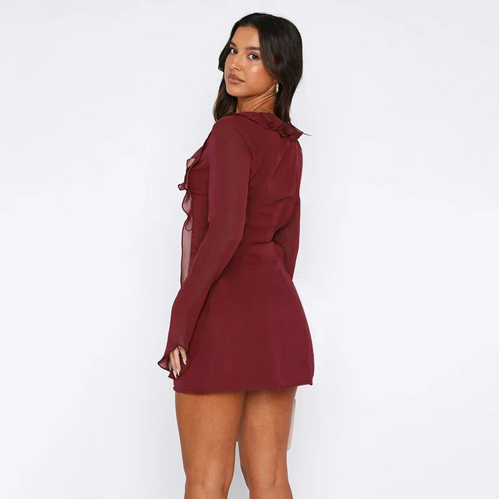 Mini Dress with Ruffle and Bell Chiffon Sleeves - Felis