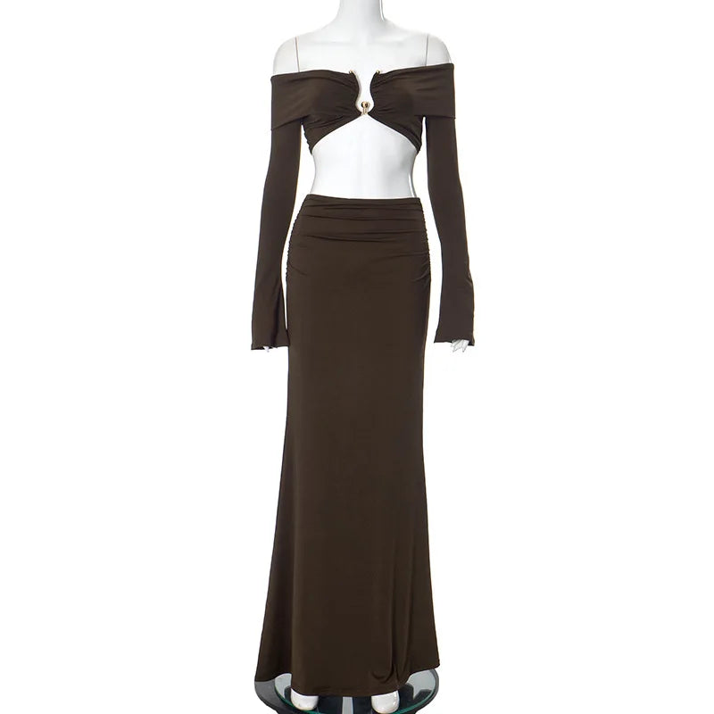 Two-Piece Set: Off-Shoulder Top with Buckle Detail and High-Waisted Maxi Skirt - Mariela