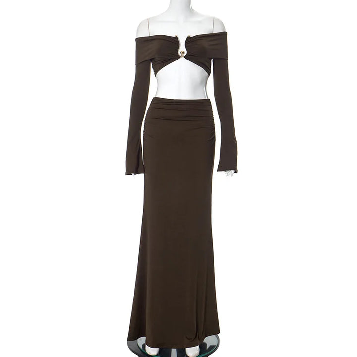 Two-Piece Set: Off-Shoulder Top with Buckle Detail and High-Waisted Maxi Skirt - Mariela