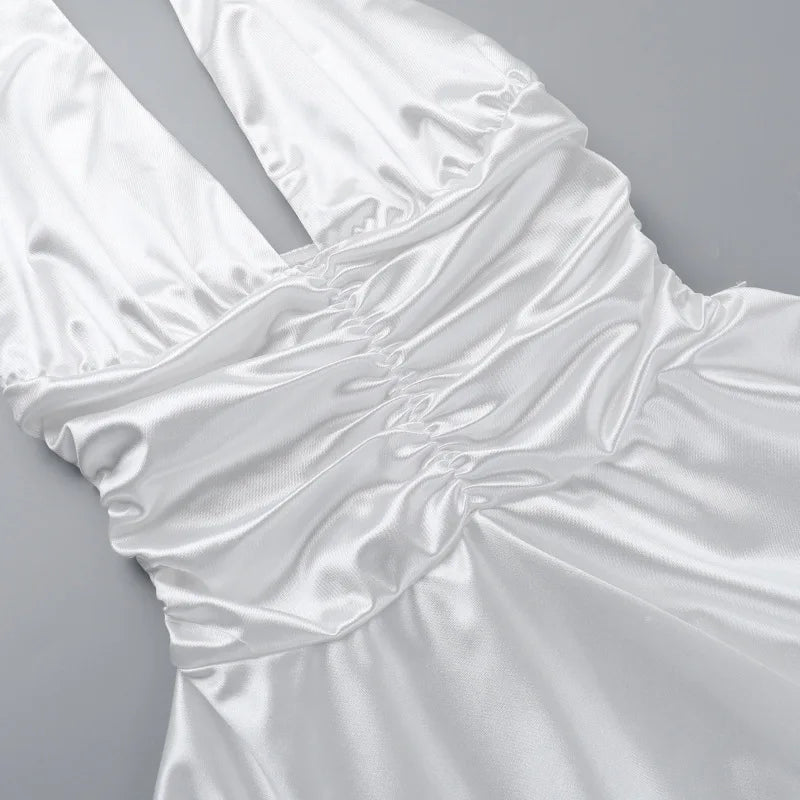 Satin mini dress with ruching and tie design on the straps - Celia