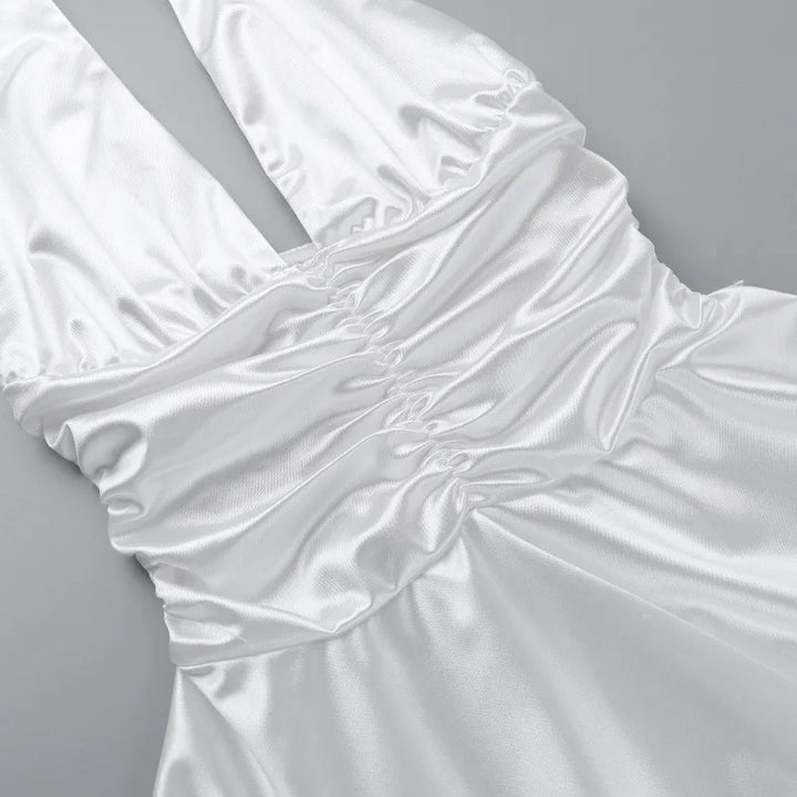 Satin mini dress with ruching and tie design on the straps - Celia