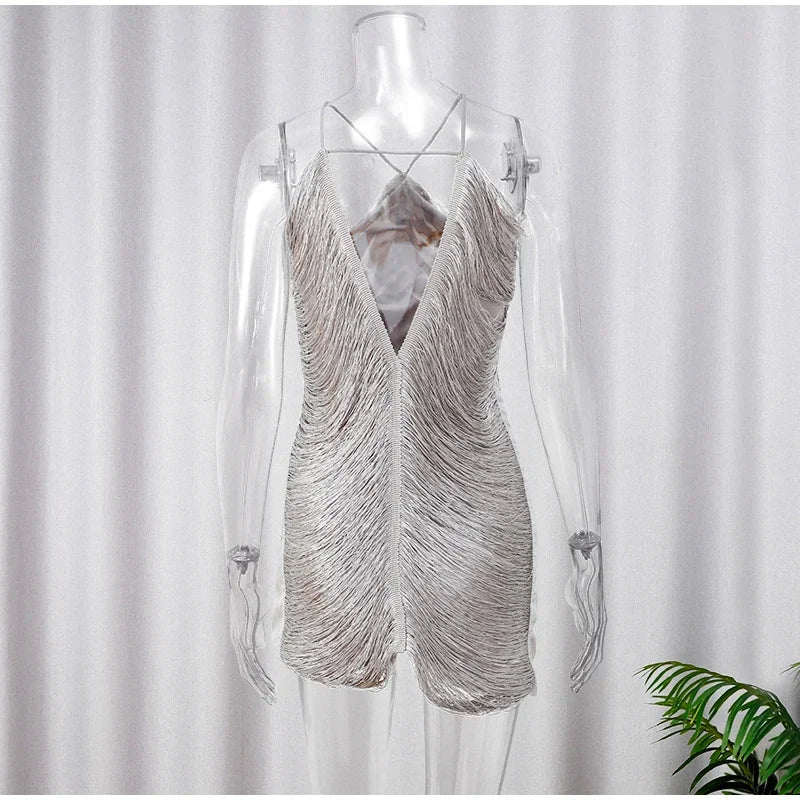Mini Dress with Shiny Threads and Open Back - Georgia