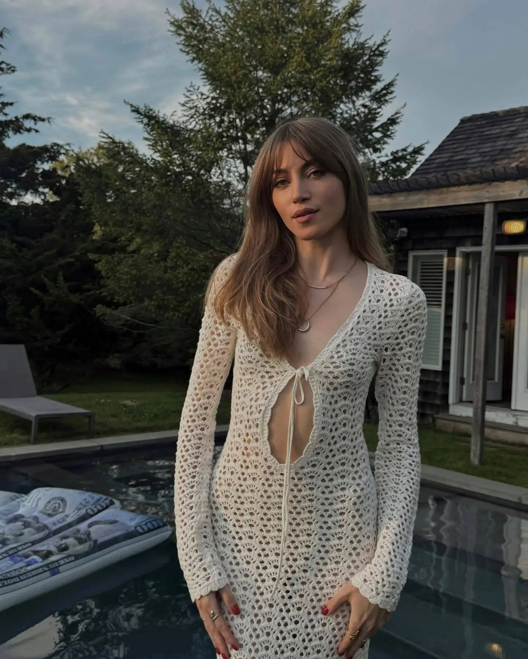 Crochet Maxi Dress with Tie Detail on Chest - Halo