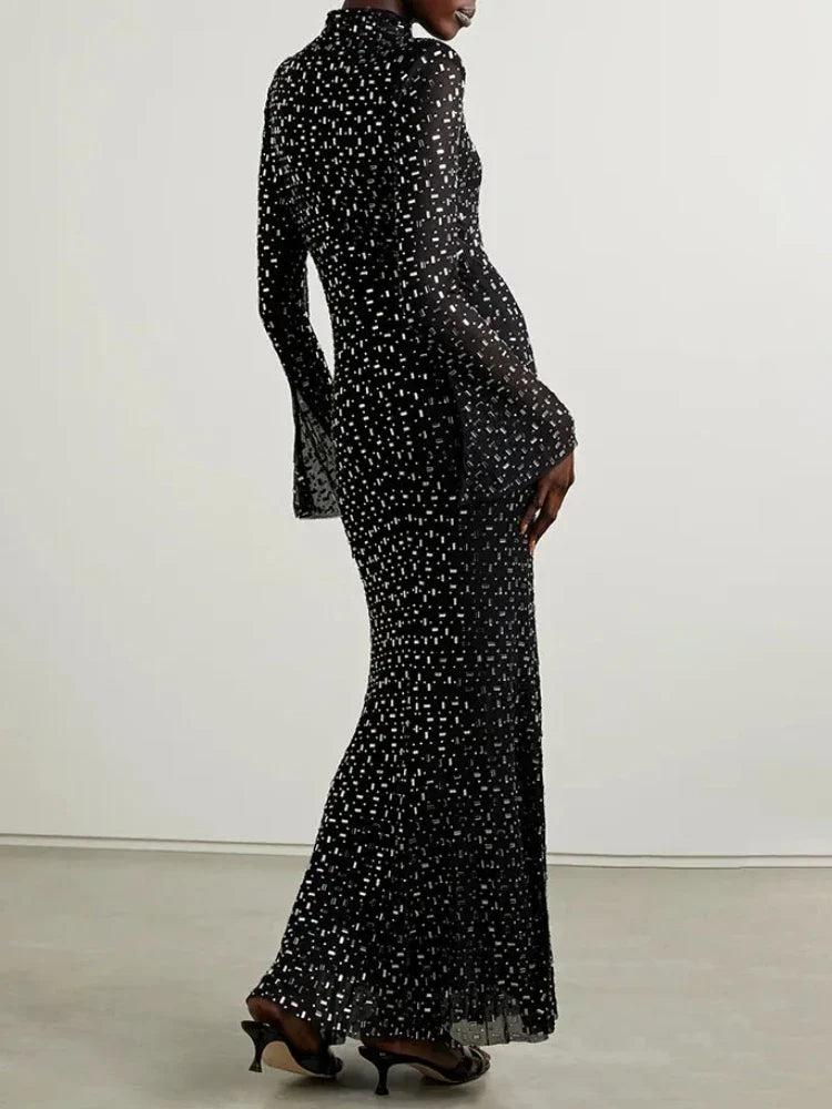 Luxurious Evening Maxi Dress with Sparkling Diamond Embellishment and Turtleneck Collar - Emerson