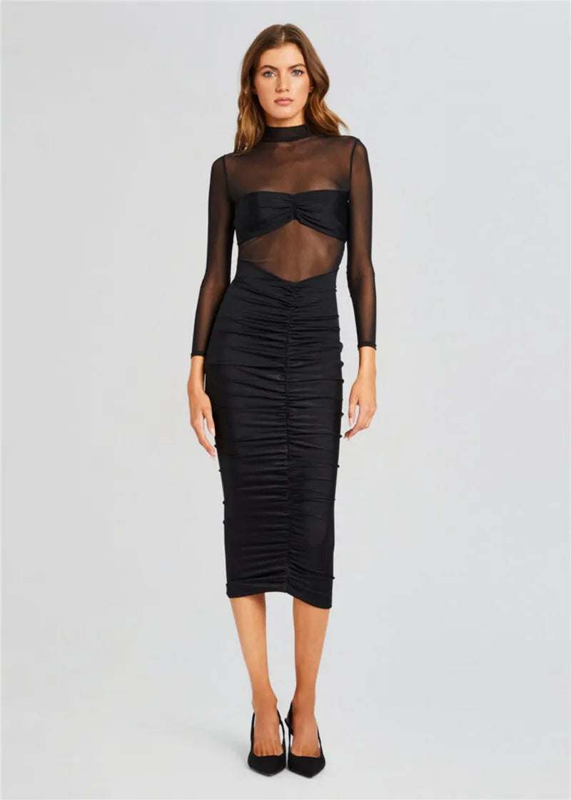 Fitted midi dress with ruching and mesh design - Miren