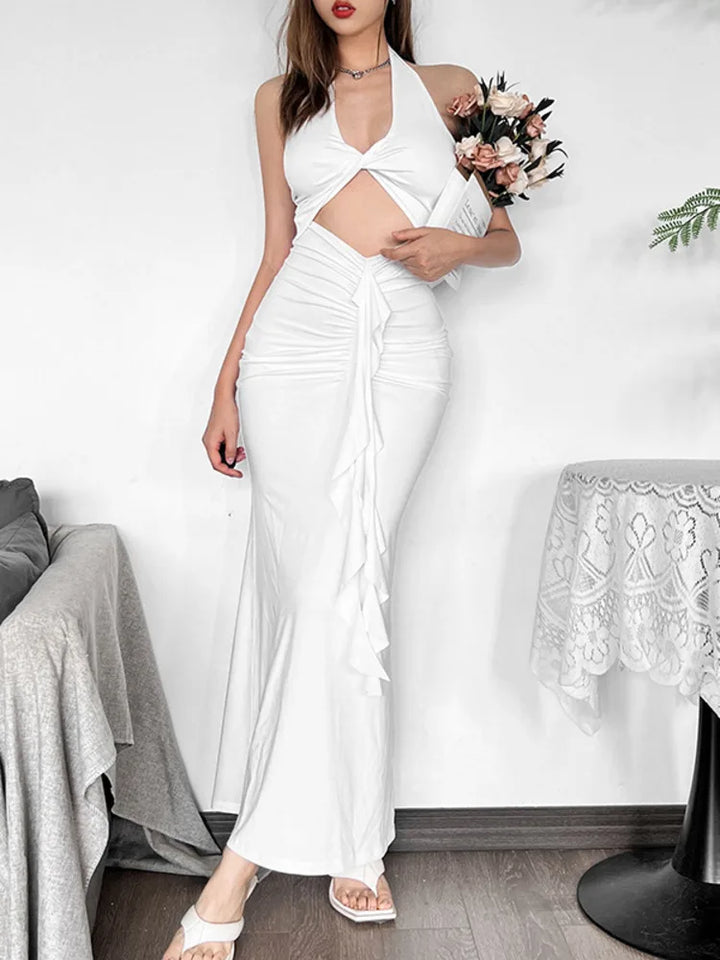 Fitted Maxi Dress with Ruffle Decoration and Slit Design - Jolene