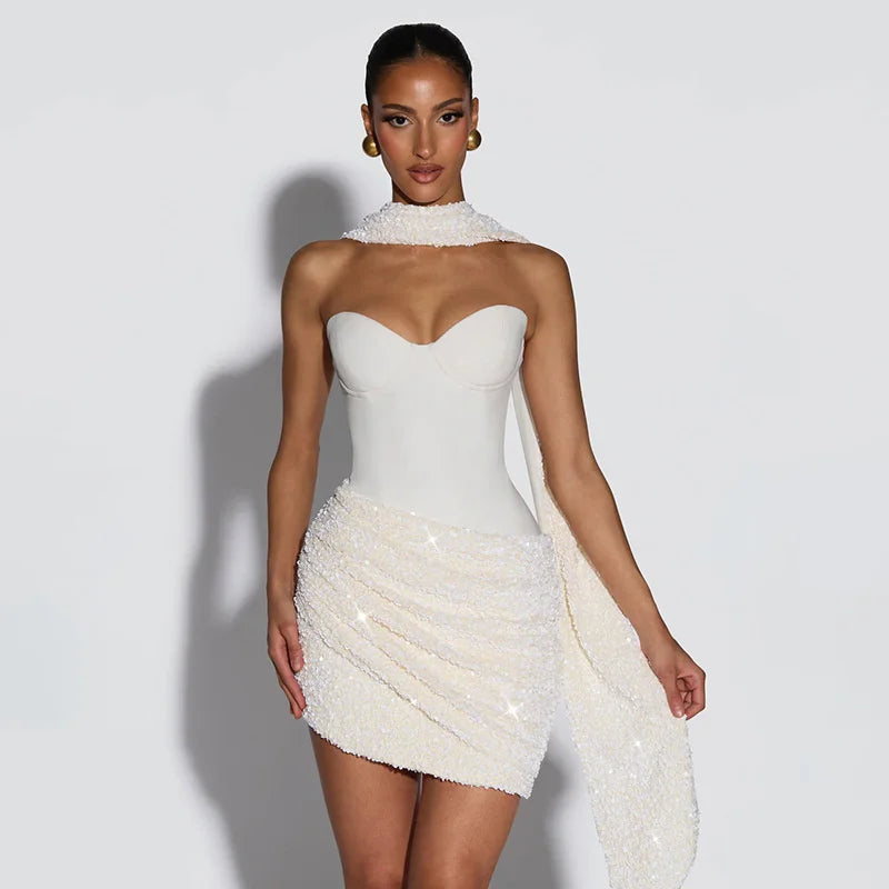 Mini dress with sequin design and scarf detail - GIGI
