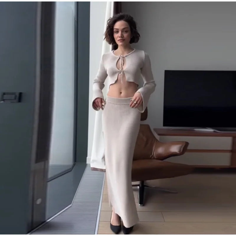 Two-piece knitted set with maxi skirt and tie-up top - Yamit