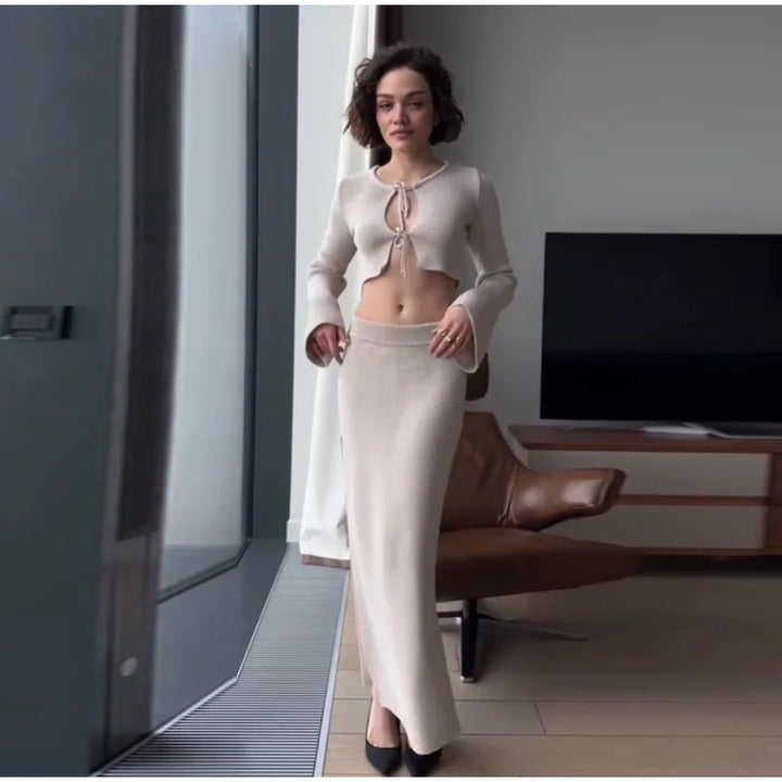 Two-piece knitted set with maxi skirt and tie-up top - Yamit